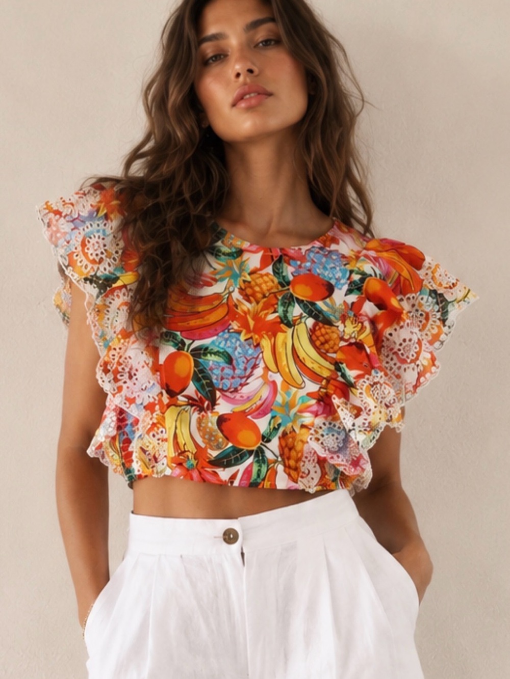 Fruit Print Eyelet Lace Ruffle Crop Top Tie Back Smocked Blouse Resort Vacation